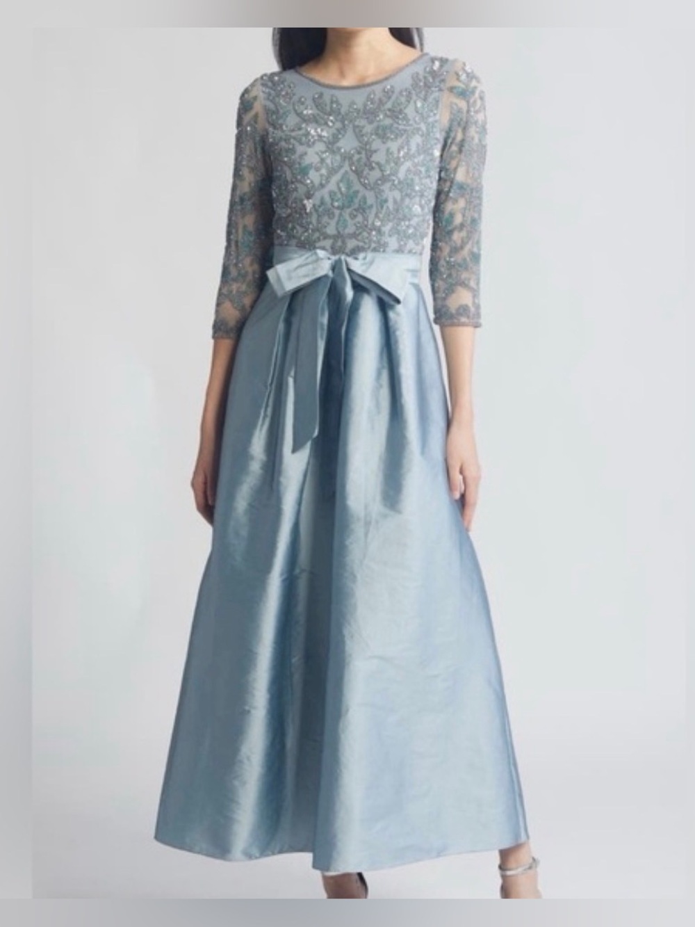 Pisarro Nights Dusty Blue Beaded Lace & Satin Long Sleeve Gown